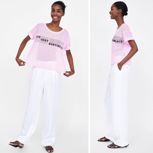 Zara Pink Semi-Sheer Striped Graphic Print Tee - Picture 7 of 7